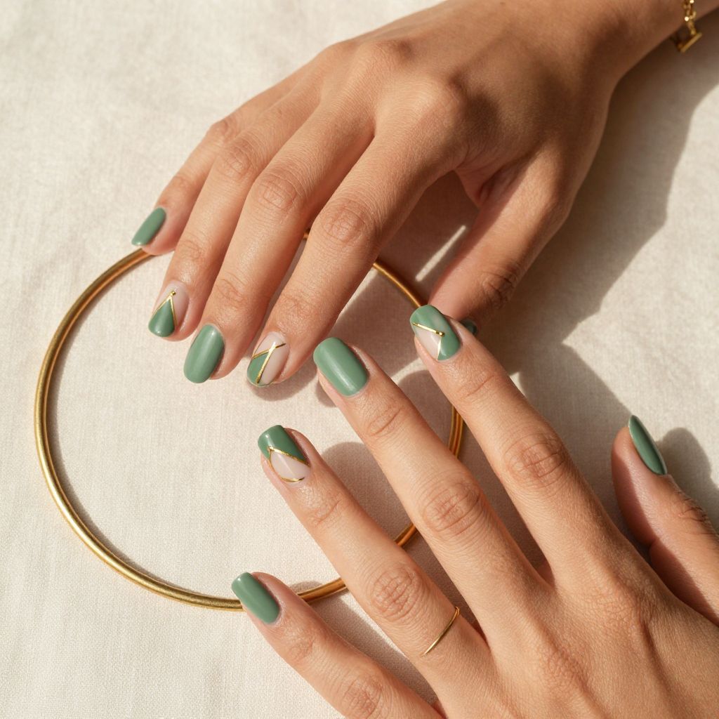 Green and gold nail inspo design 15
