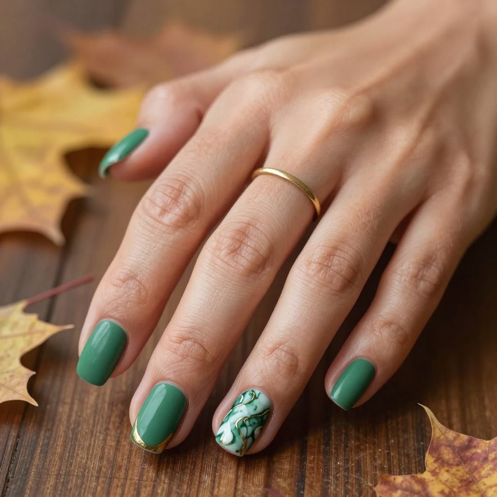 Green and gold nail inspo design 3