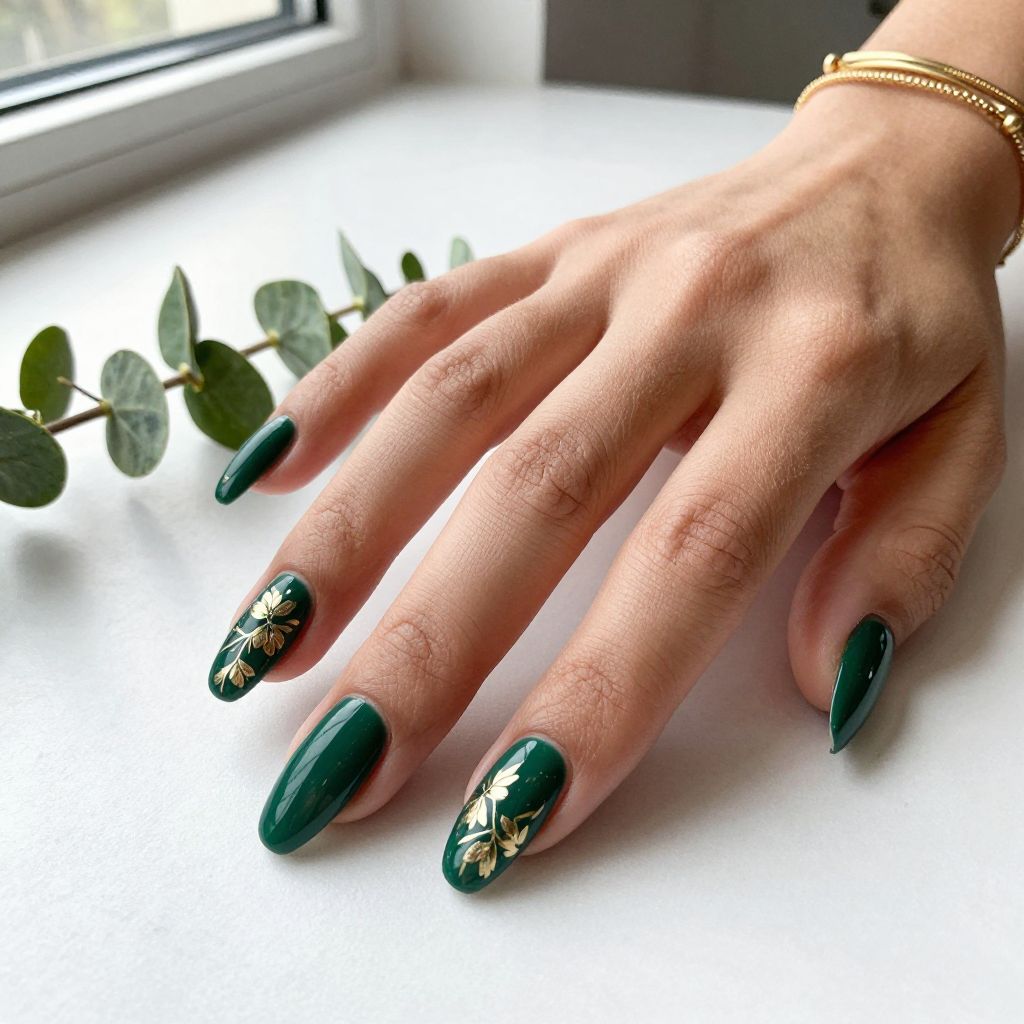 Green and gold nail inspo design 5