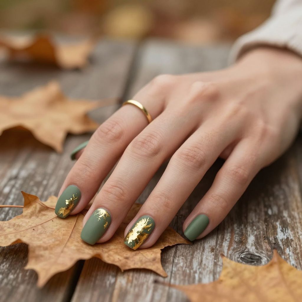 Green and gold nail inspo design 9