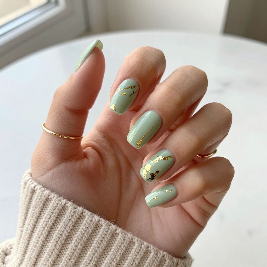 Green and gold nail inspo design 8
