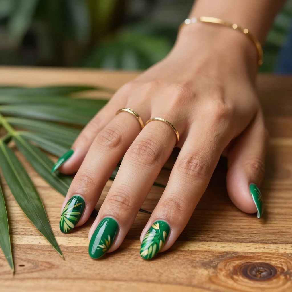 Jungle Green with Tropical Leaf Design