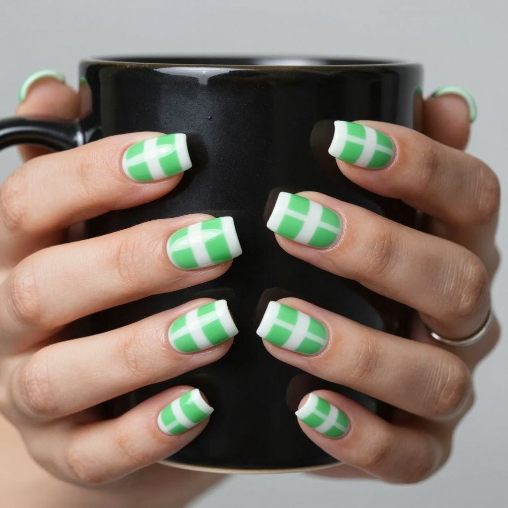 Chartreuse checker green nail design