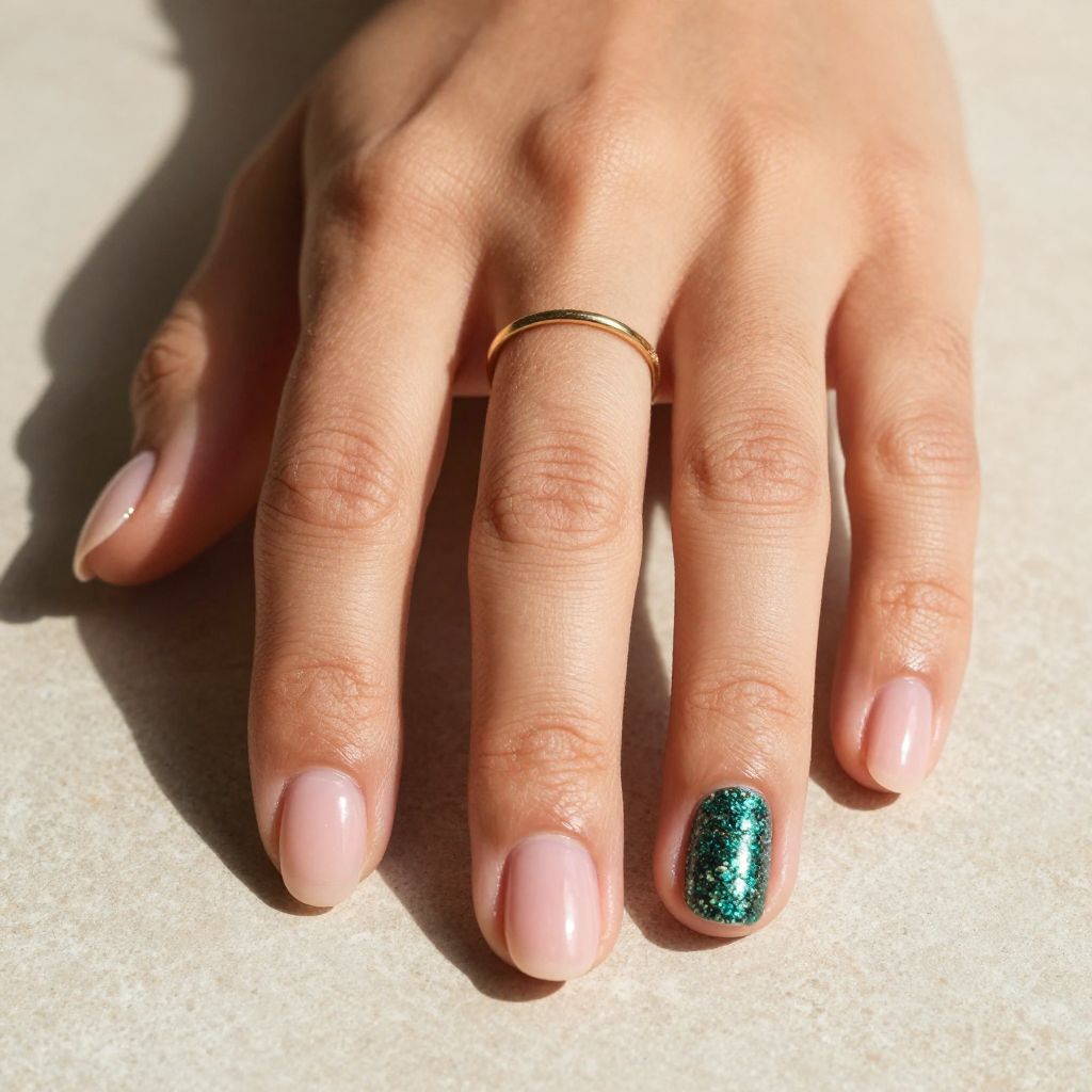 Glittery gecko accent green nails