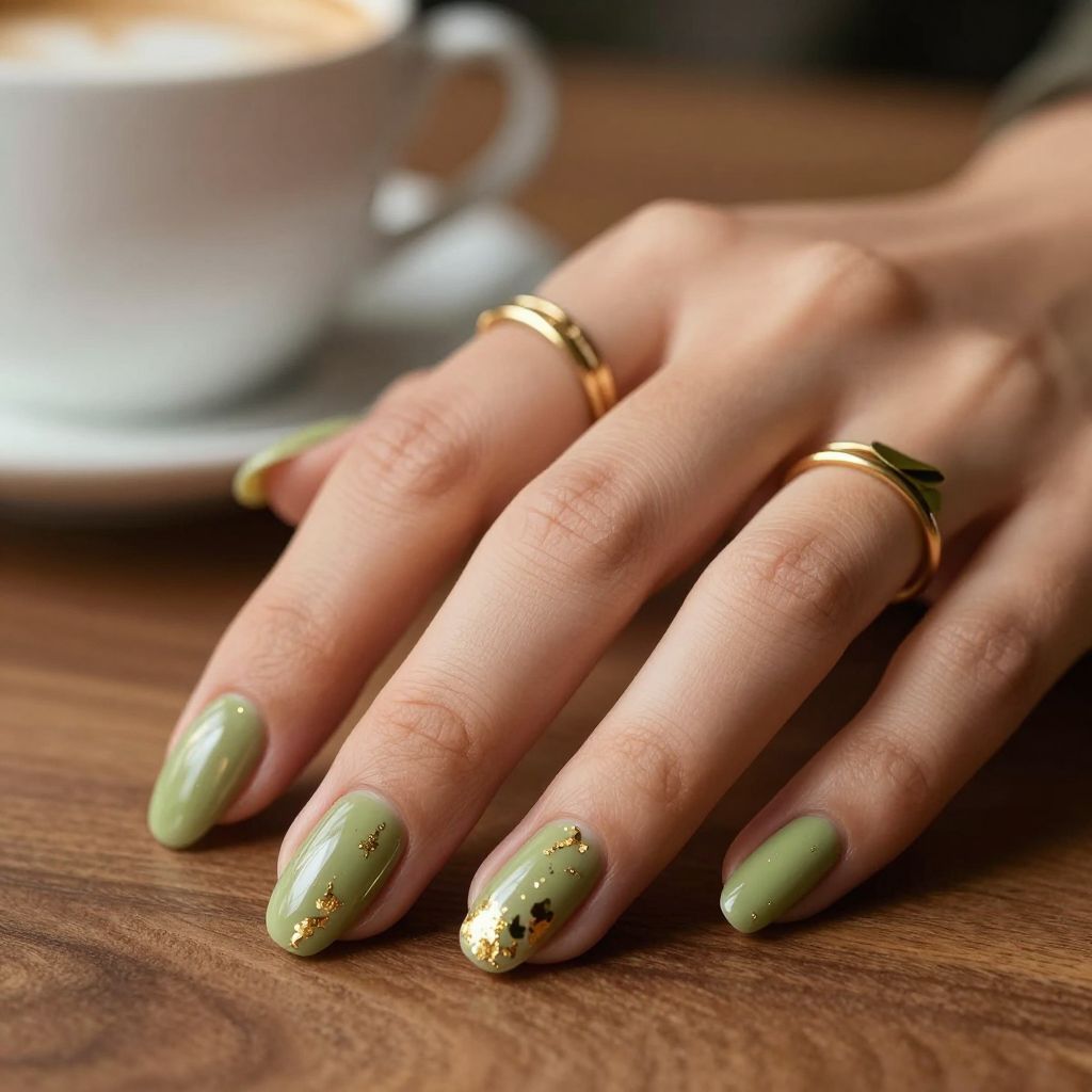 Olive green nails with gold foil