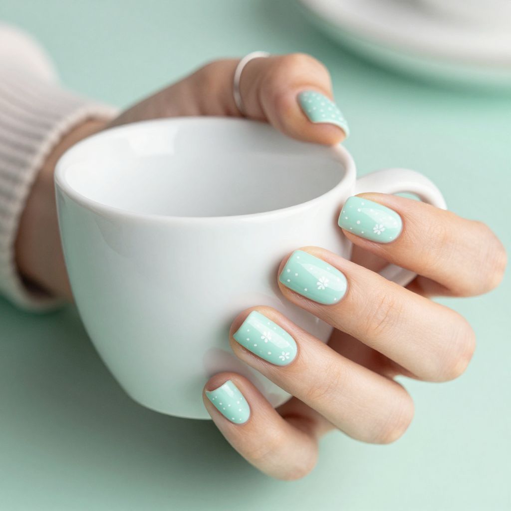 Mint green nails with micro flowers