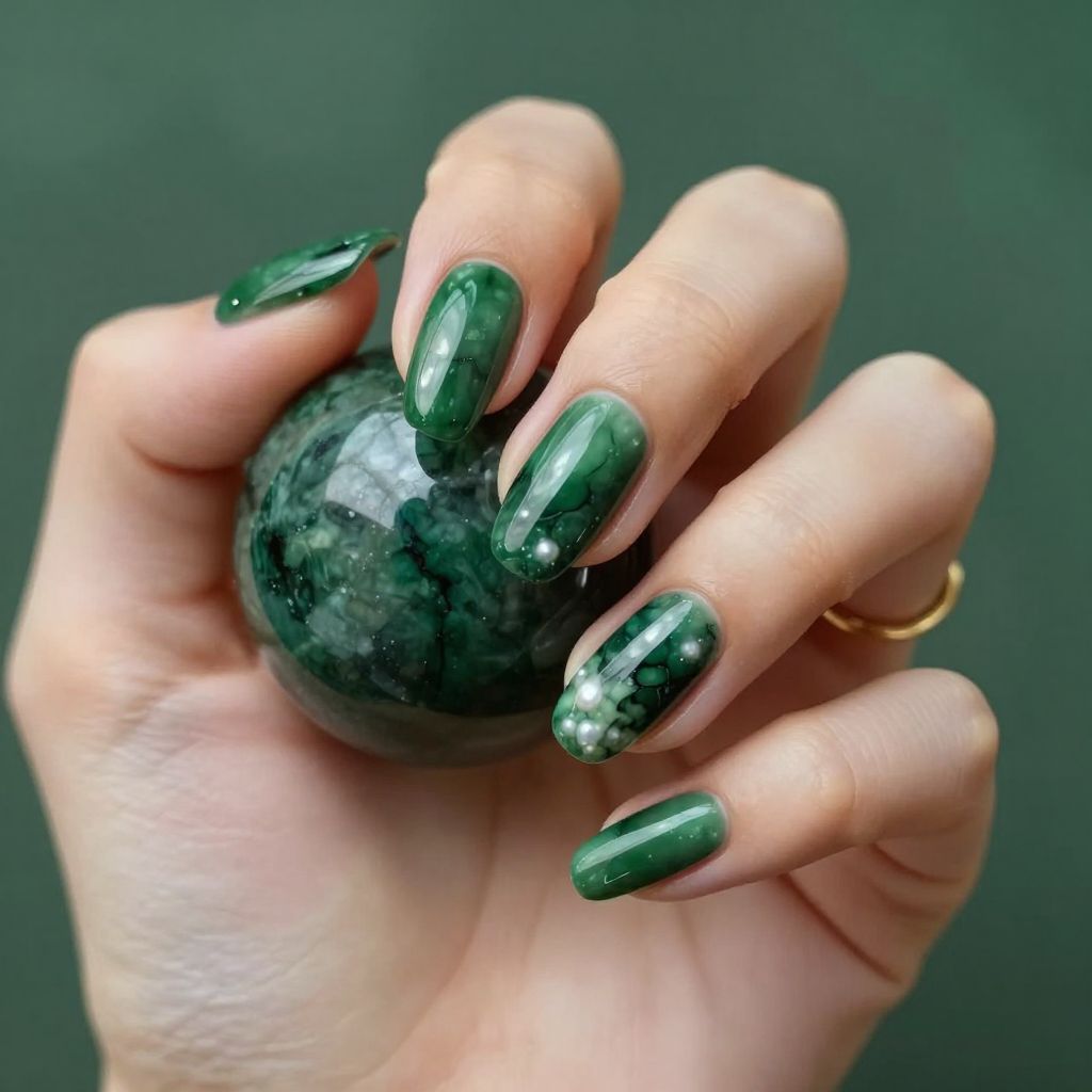 Forest green marble nail design