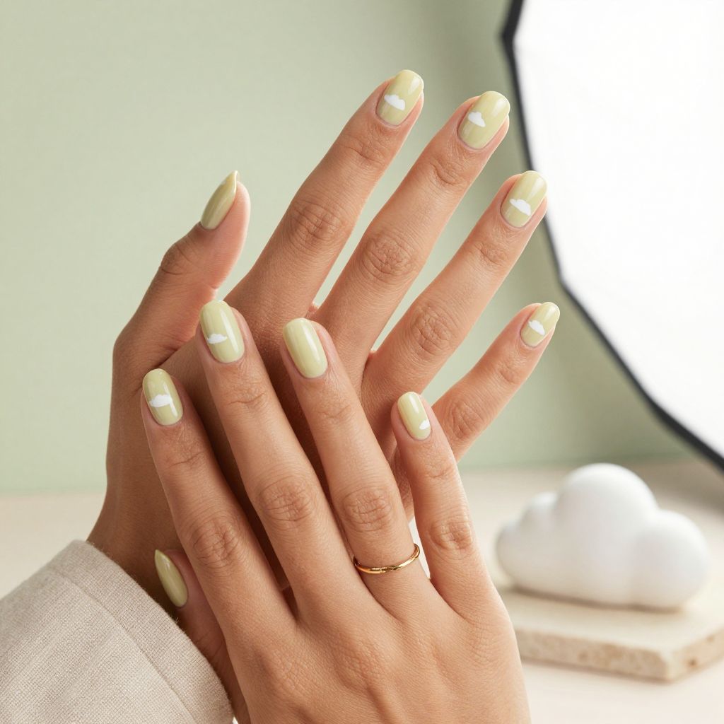 Pistachio green nails with cloud tips