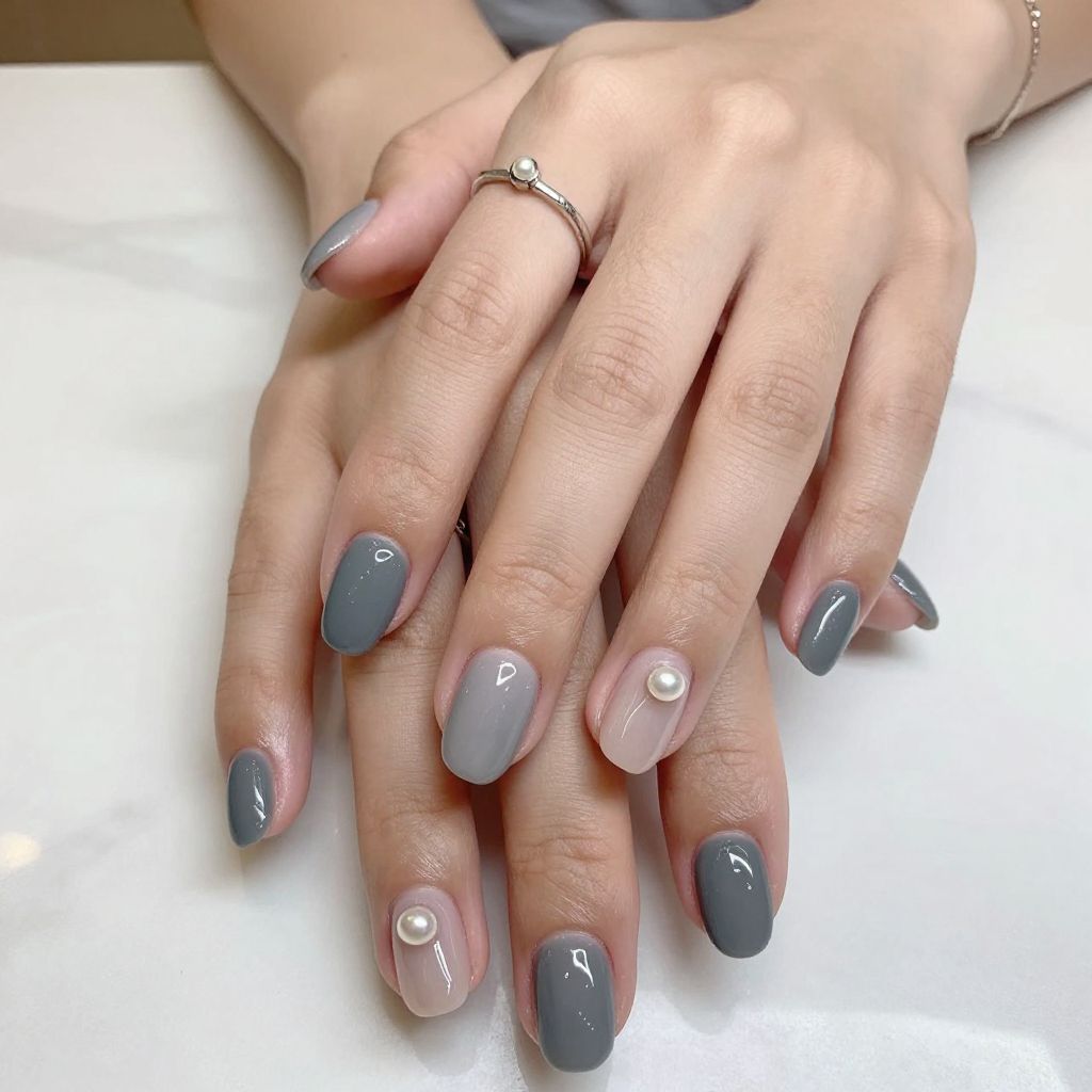 Slate Grey Oval Nails with Pearl Detail