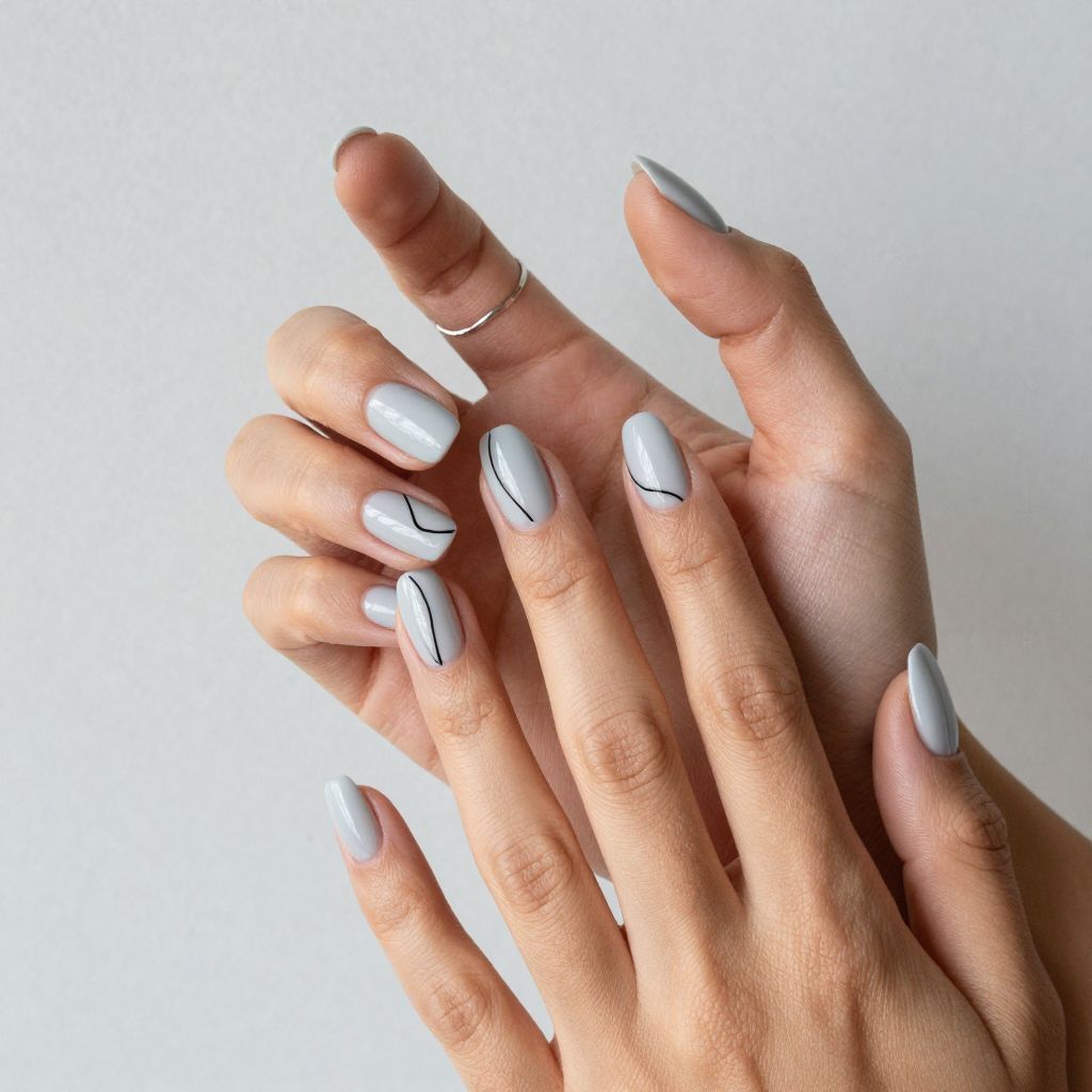 Grey Nails with Black Line Art