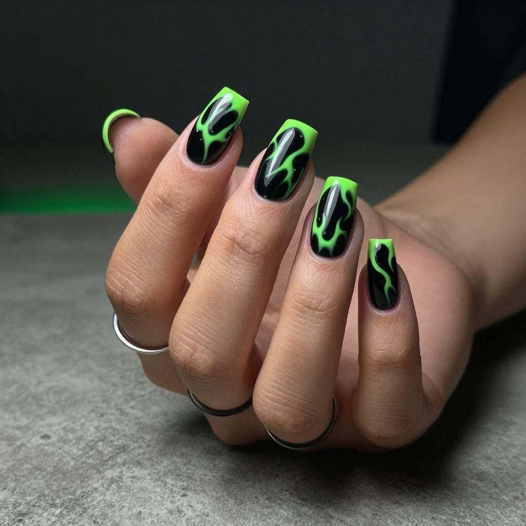 Acid Green Accents on Black Nails