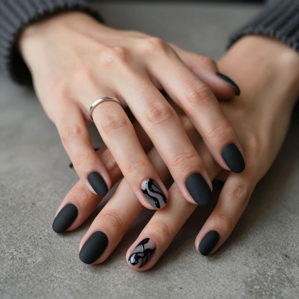 Matte Black Nails with Glossy Swirls
