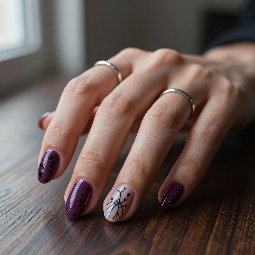 Deep Plum Nail Art with Ink Splatter