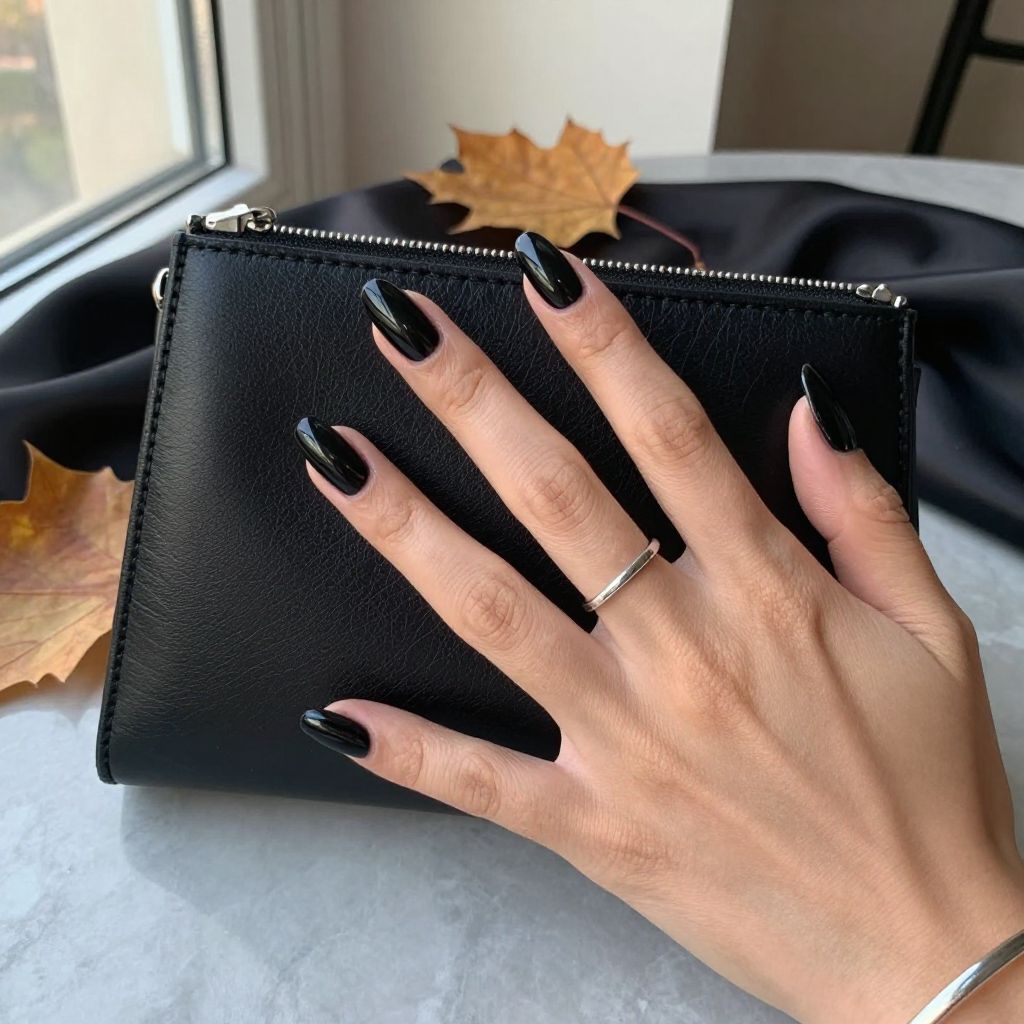 Glossy Black Almond Nails