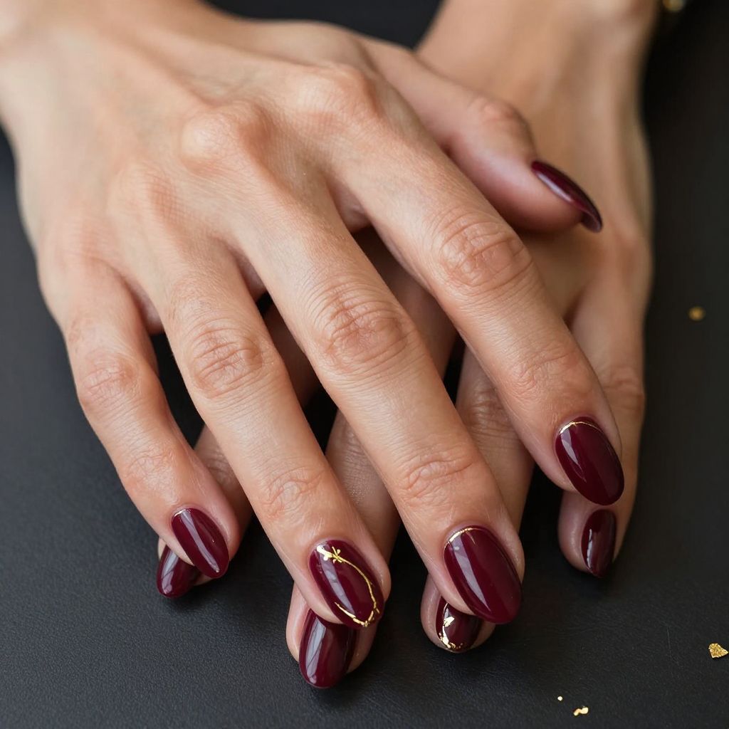 Burgundy and Gold Nails