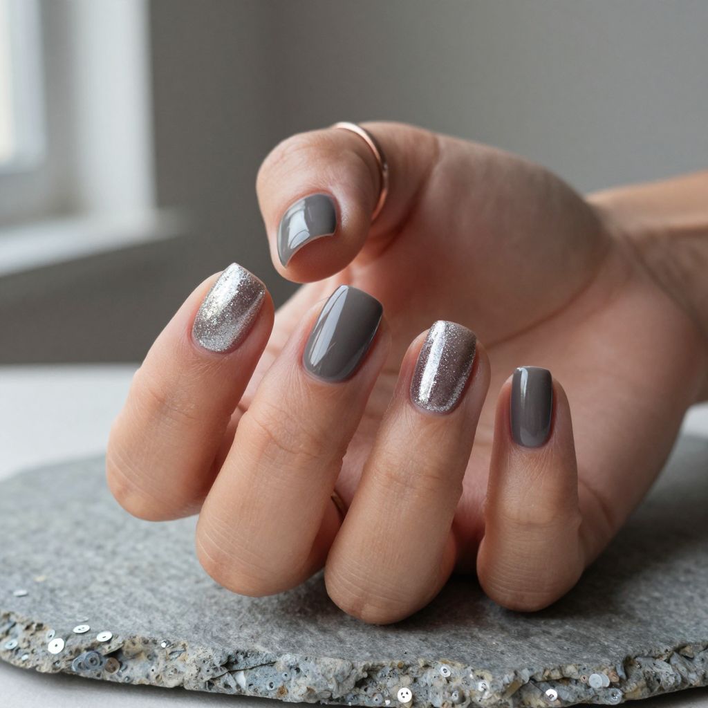Charcoal and Silver Glitter Nails