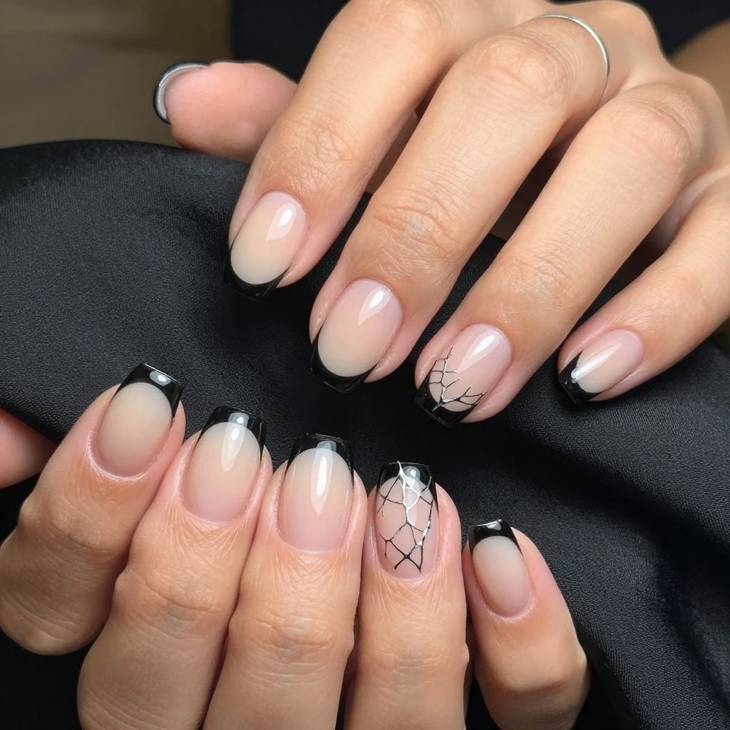 Midnight French with Spider Lace Halloween nails