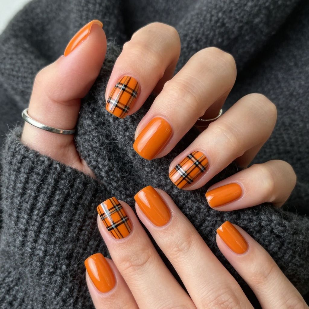 Orange and Black Plaid Halloween nails