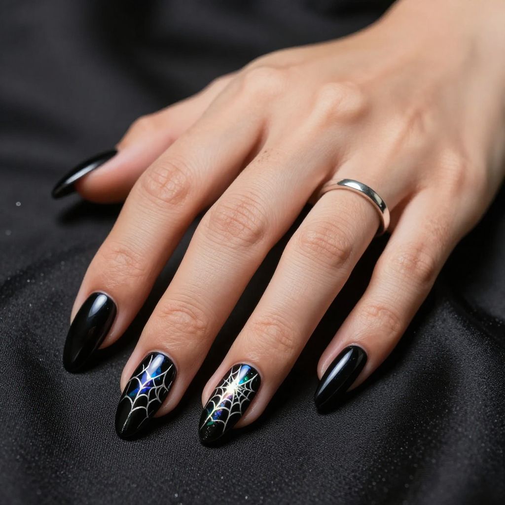 Holographic Web Halloween nails