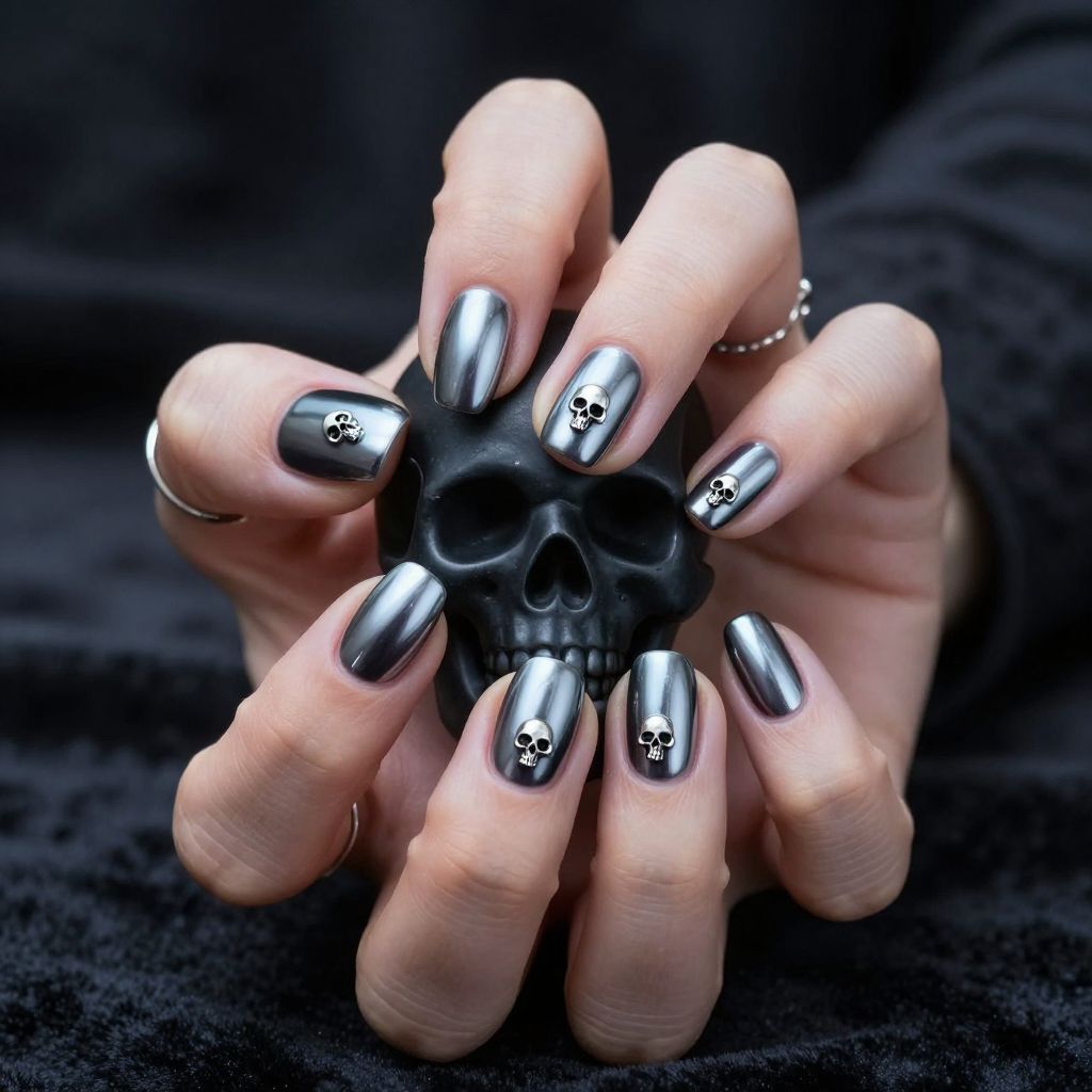 Metallic Skull Studs Halloween nails