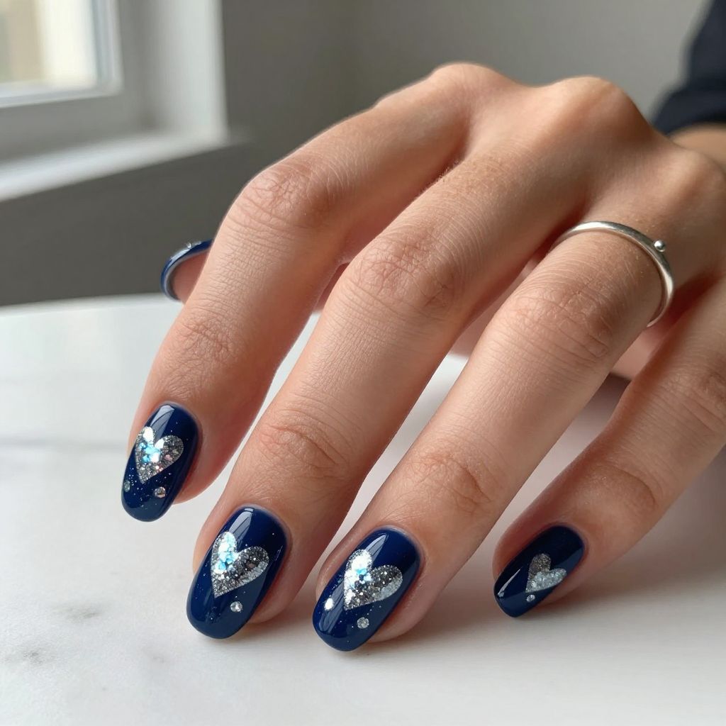 Sparkly Silver Hearts on Deep Navy