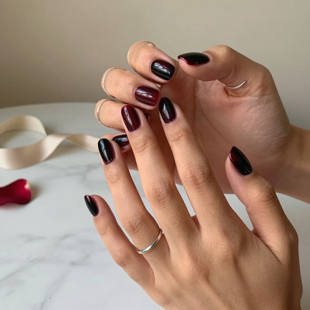 Black Cherry Nails With Glossy Micro French Tips