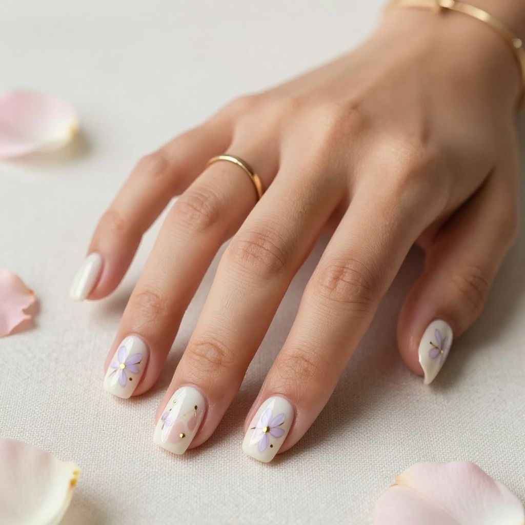 Milky White Square Nails With Micro Florals