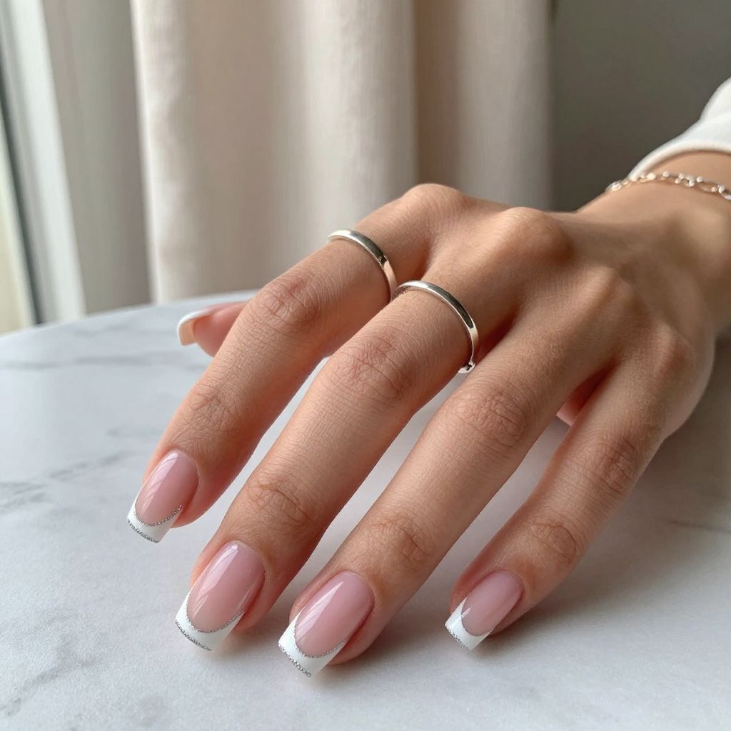 French Tips With Silver Glitter Edges