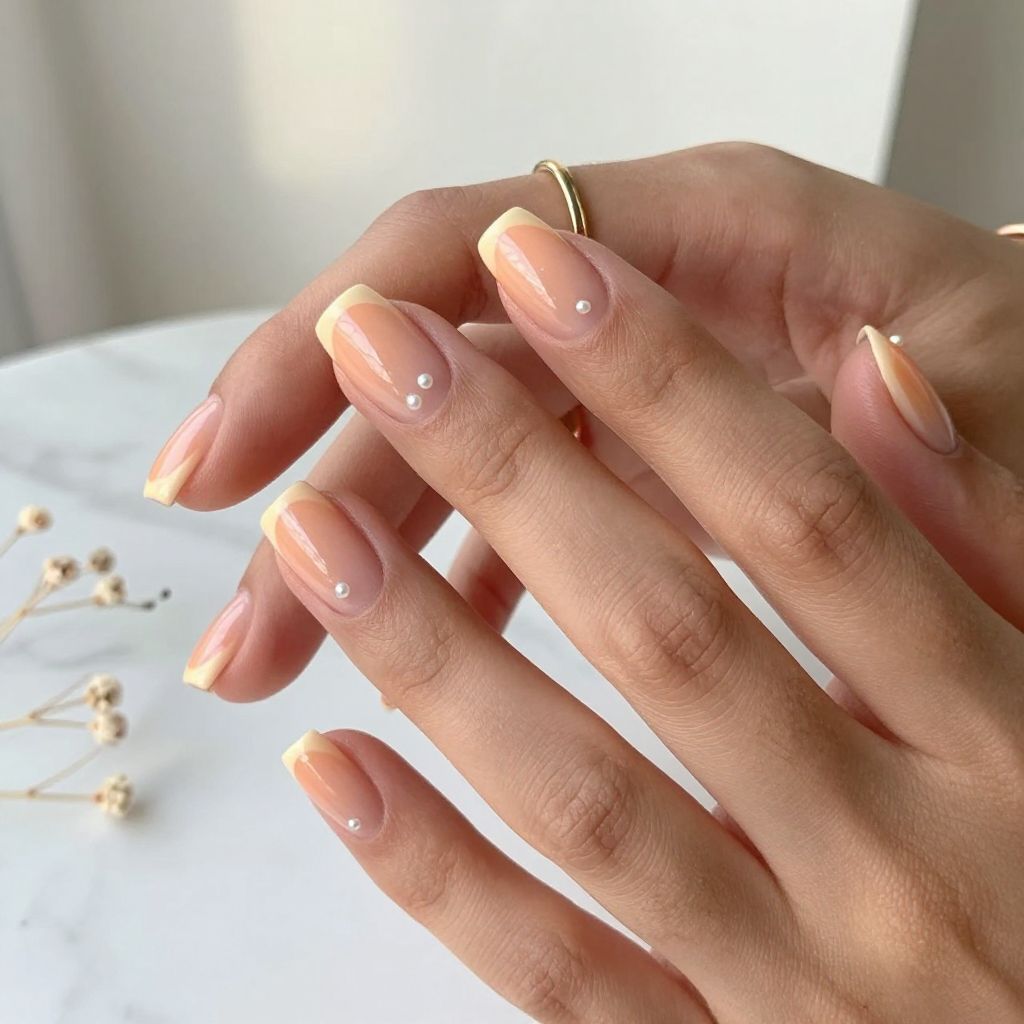 Peach Sorbet Nails With Tiny Pearls