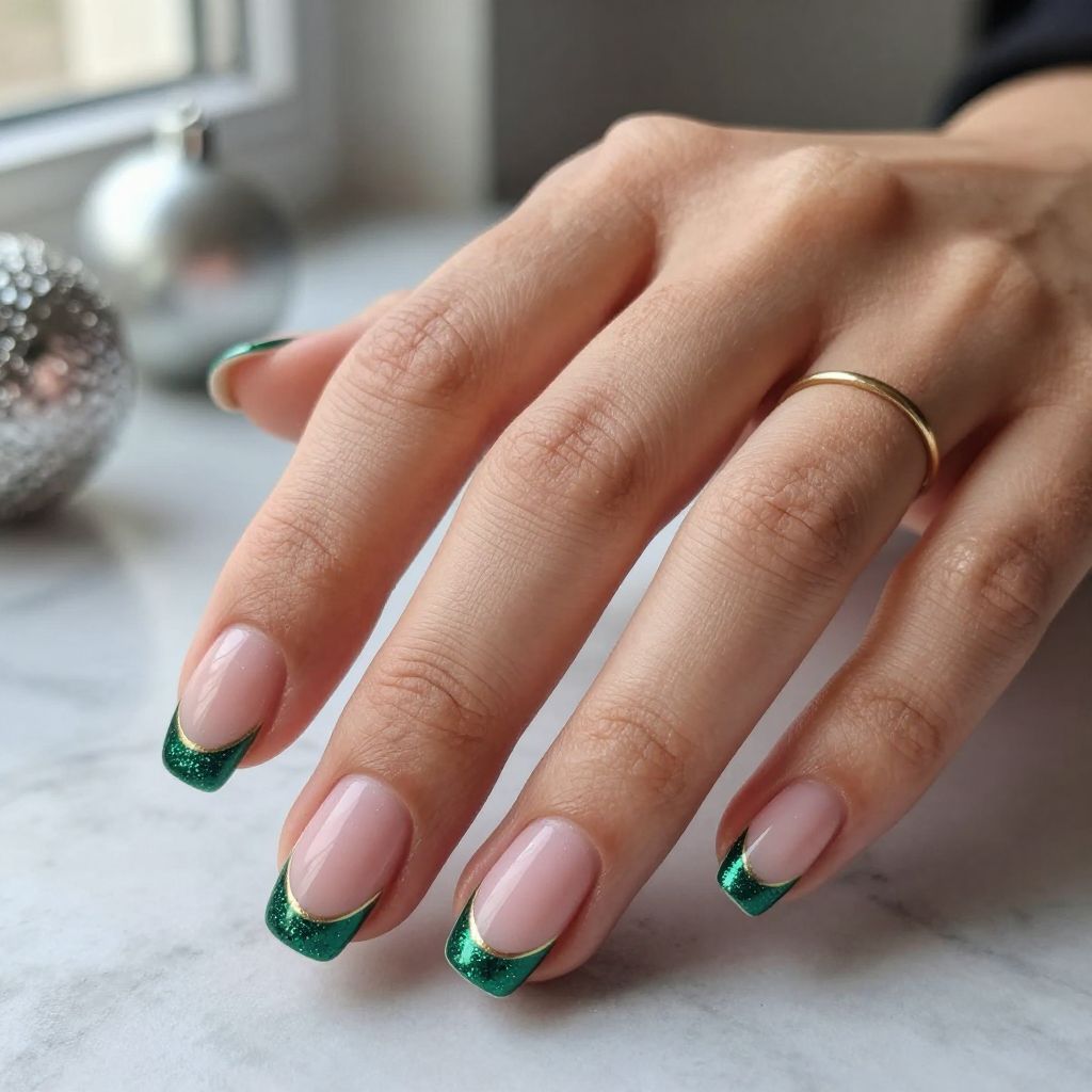 Emerald Green Tips with Silver Sparkle