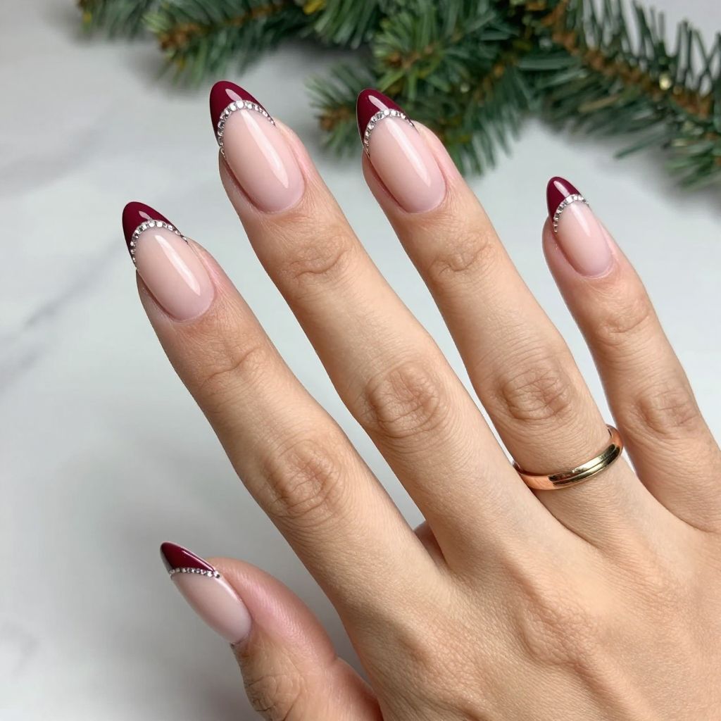 Burgundy French with Micro Rhinestones
