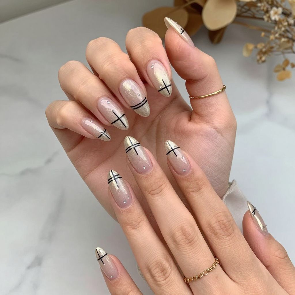 Champagne Shimmer with Geometric Line Art