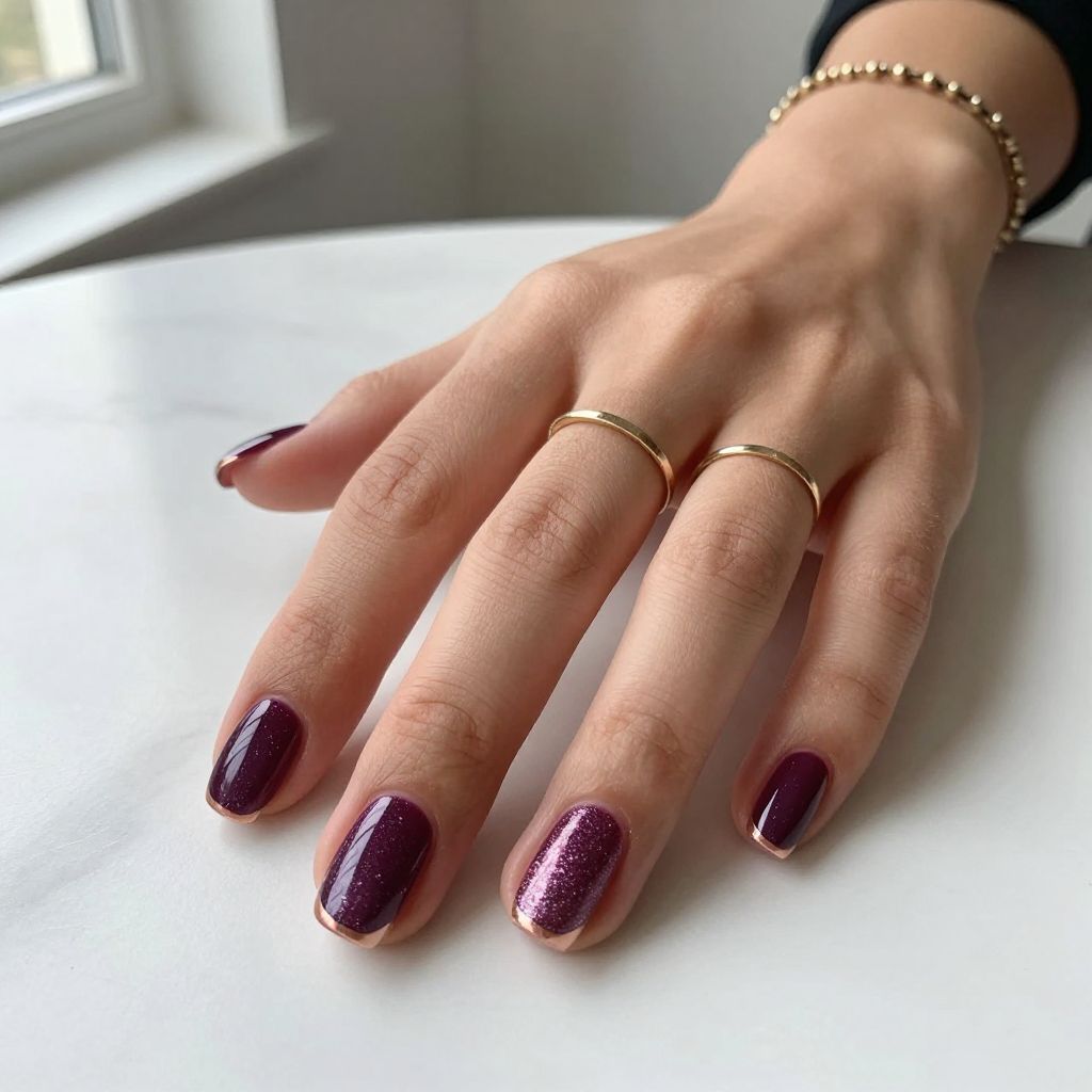Deep Plum with Holographic Glitter Tips