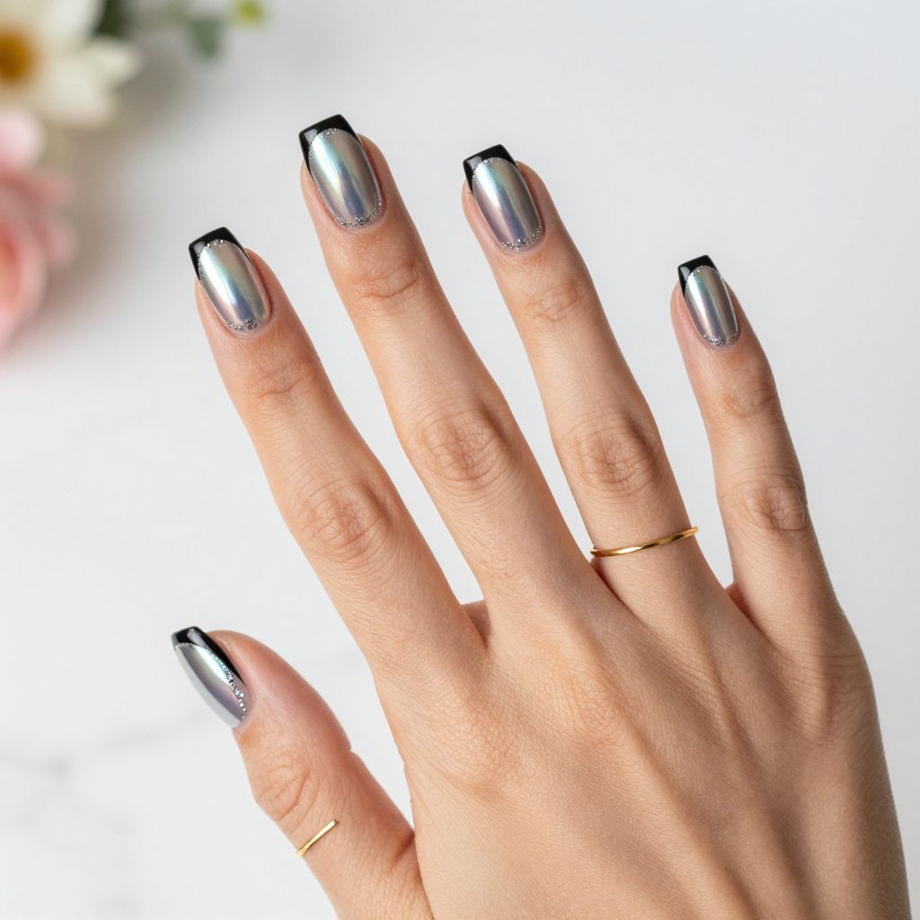 Holographic Chrome Nails with Black Tips