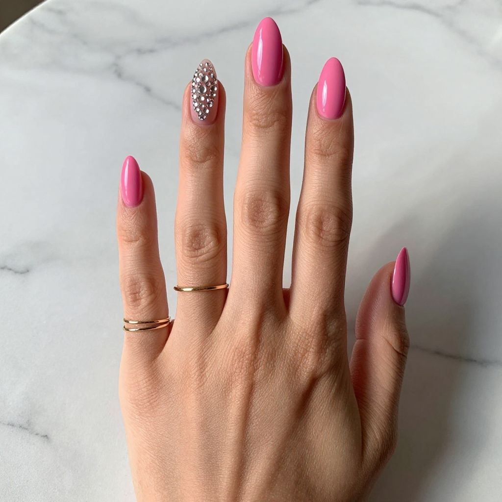 Hot Pink with Rhinestone Accent Nail