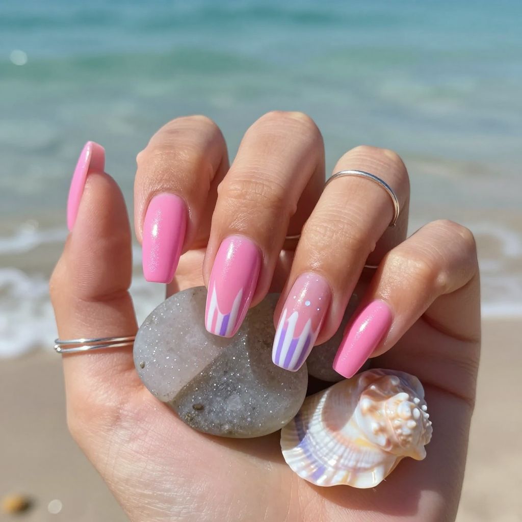 Hot pink nails with jellyfish drip art