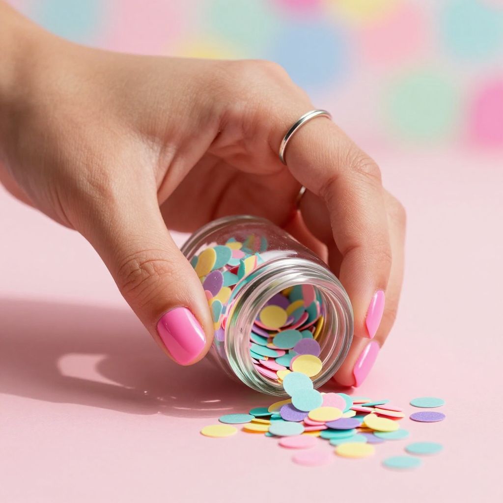 Hot pink nails with colorful confetti speckles