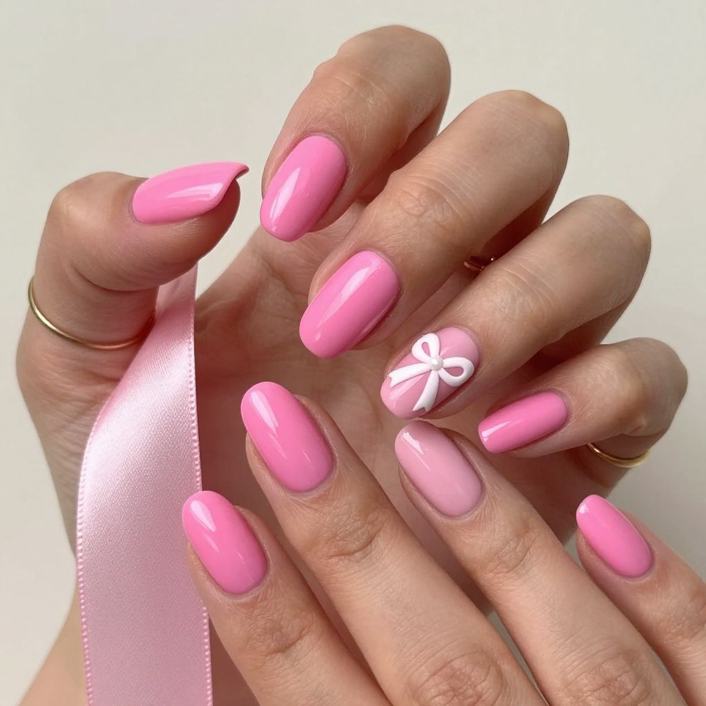 Hot pink nails with white ribbon accent
