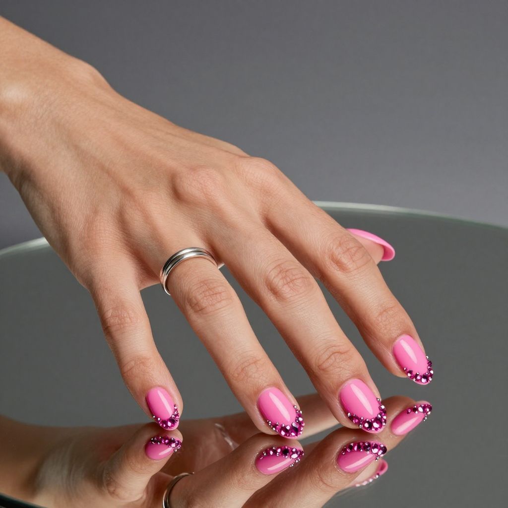Hot pink nails with crystal cluster at cuticle