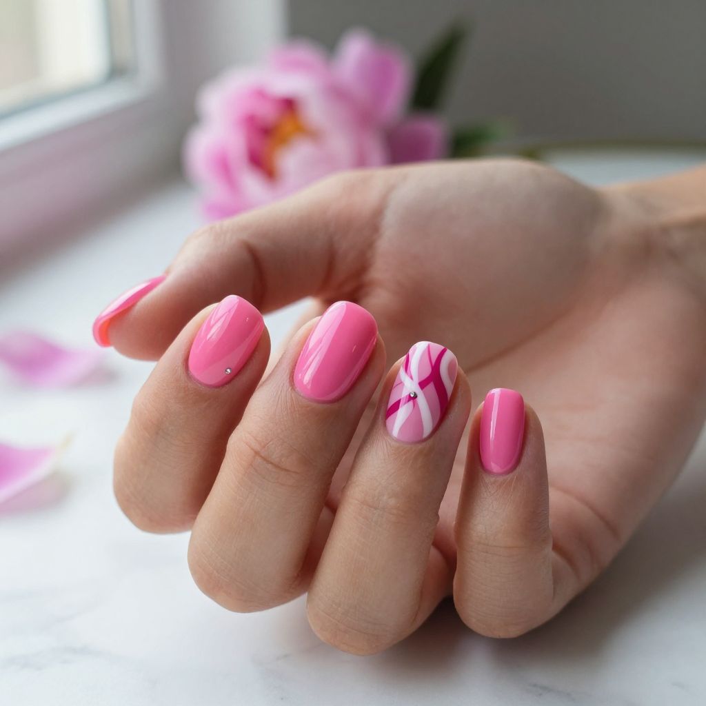Short hot pink nails with abstract white swirls