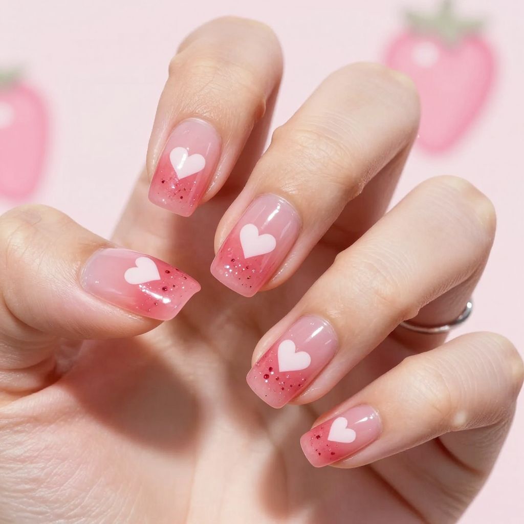 Hot pink jelly nails with white hearts