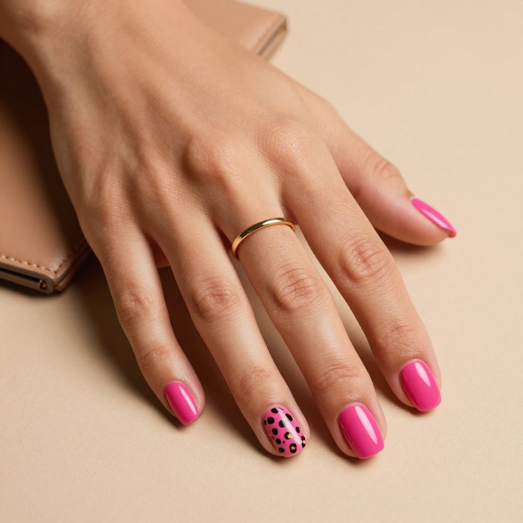 Hot pink nails with leopard accent design