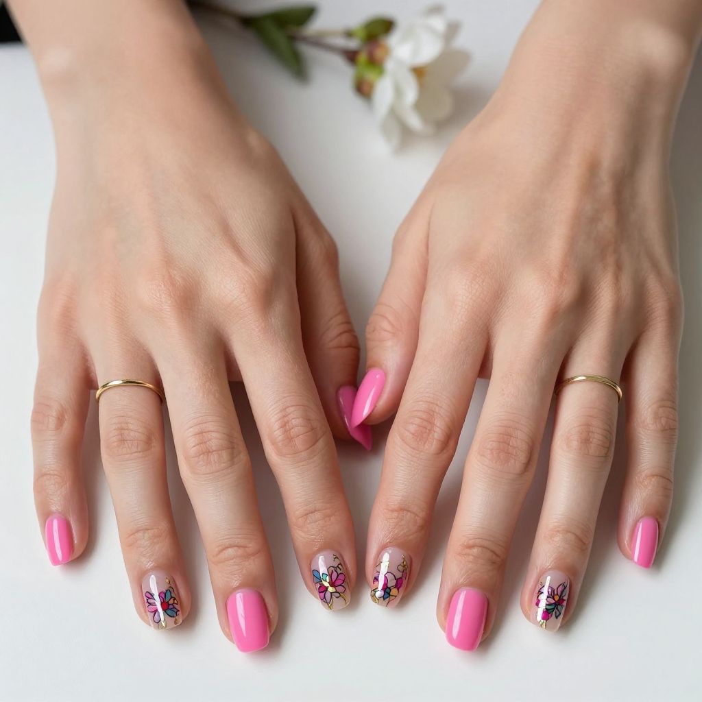 Hot pink nails with floral foil tips