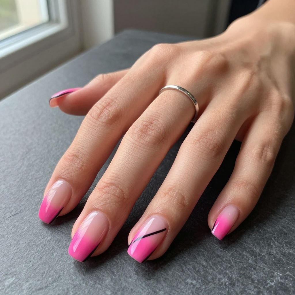 Hot pink negative space nail design with black lines