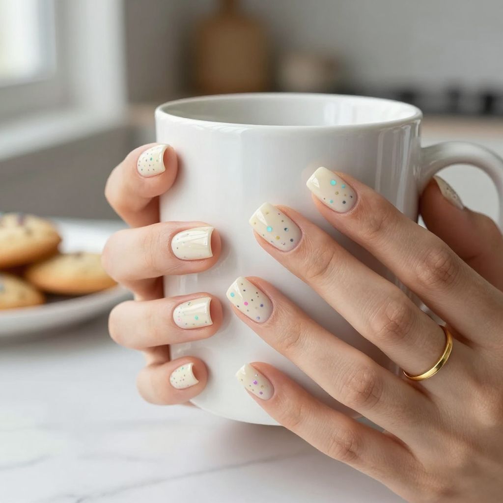 Sugar cookie sprinkle cream nude nails with pastel dots