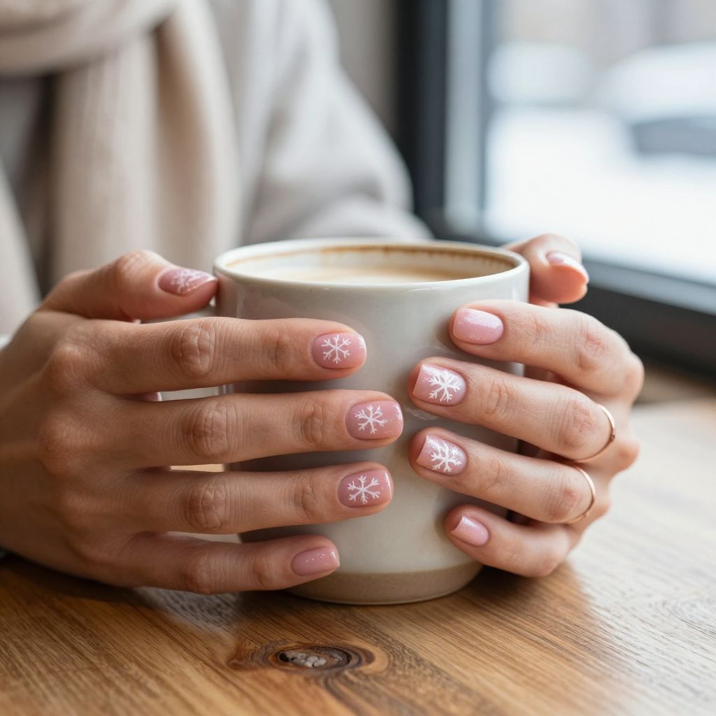 Blush pink nails with white snowflake art