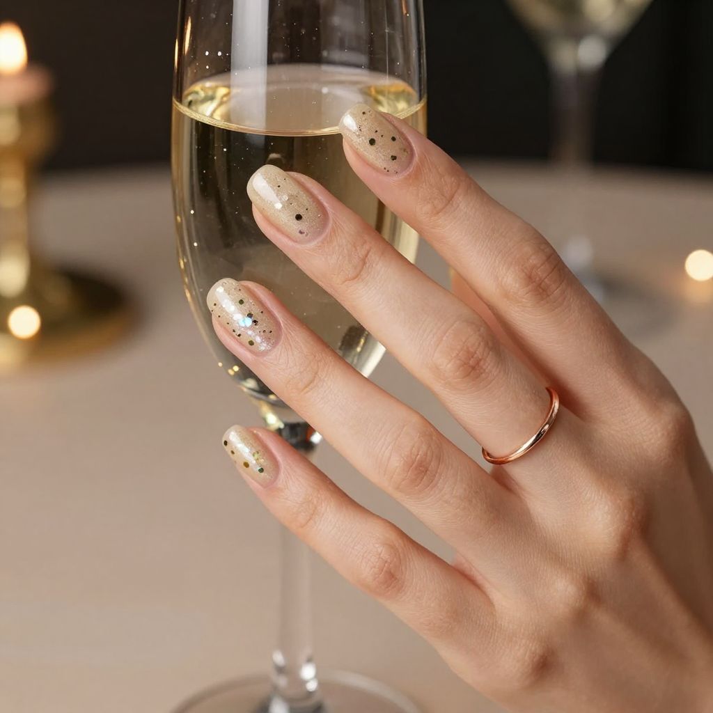 Champagne confetti beige shimmer nails with holo dots