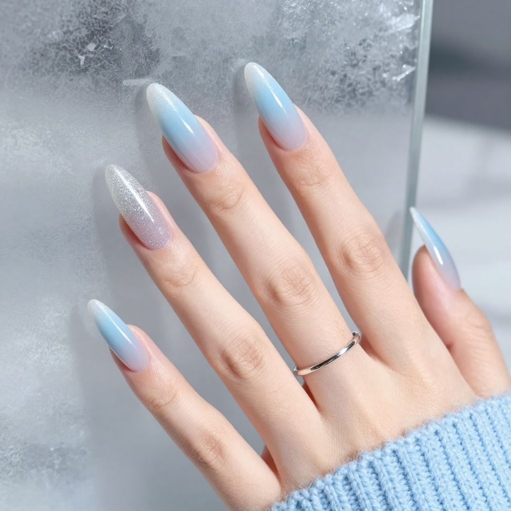 Ice queen ombre blue to glitter stiletto nails