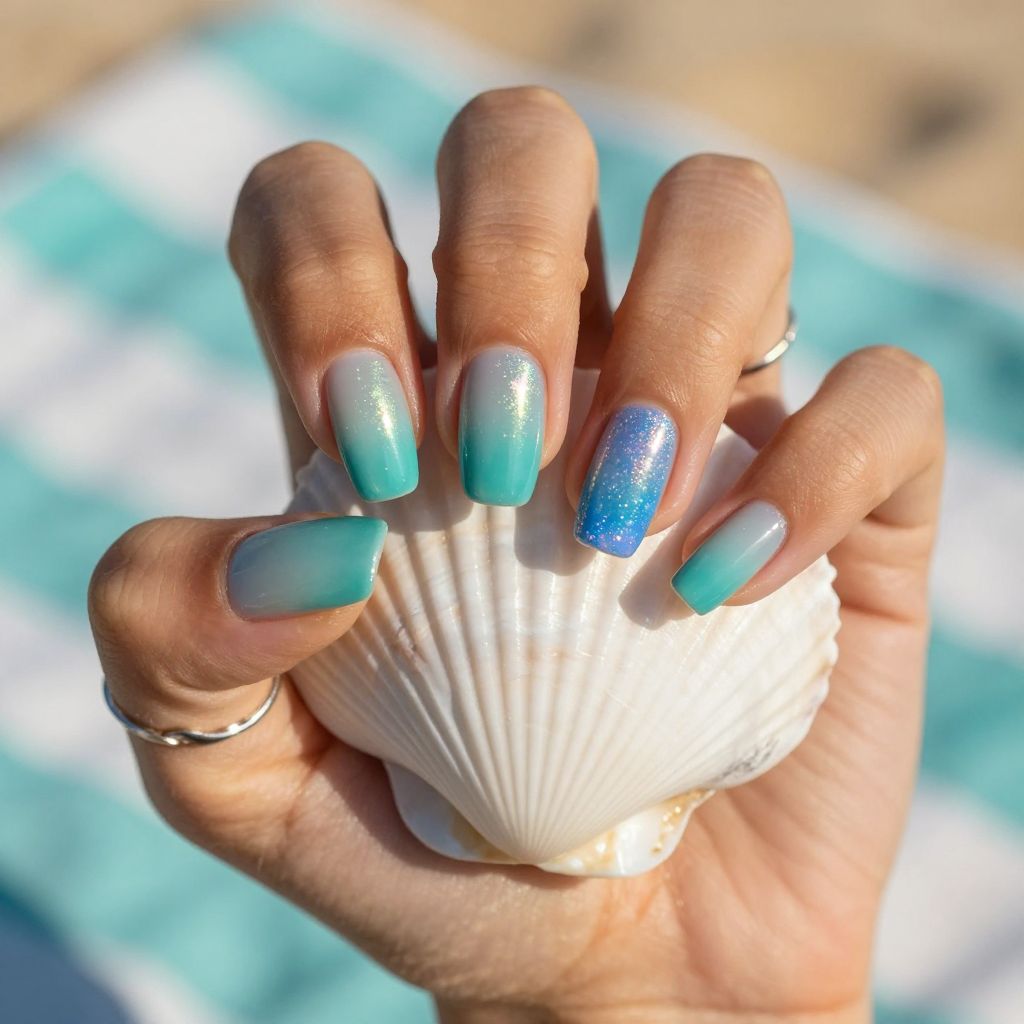 Ocean Holographic Fade July nail idea