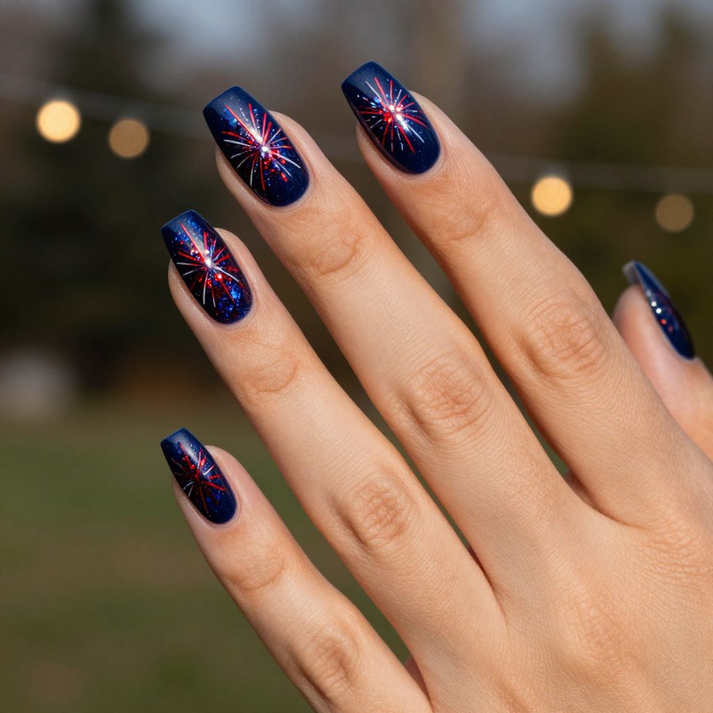 Firework Glitter Burst July nail idea